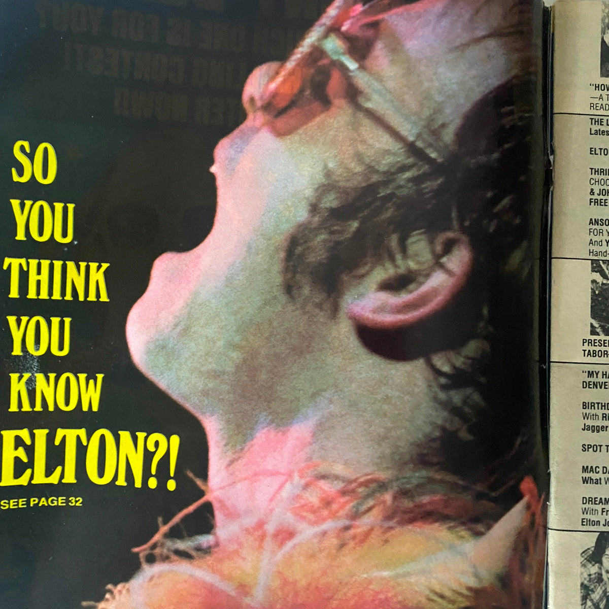 Vintage 16 Magazine September 1975 cover featuring a colorful image with the text 'So You Think You Know Elton?!' showcasing an expressive concert scene.