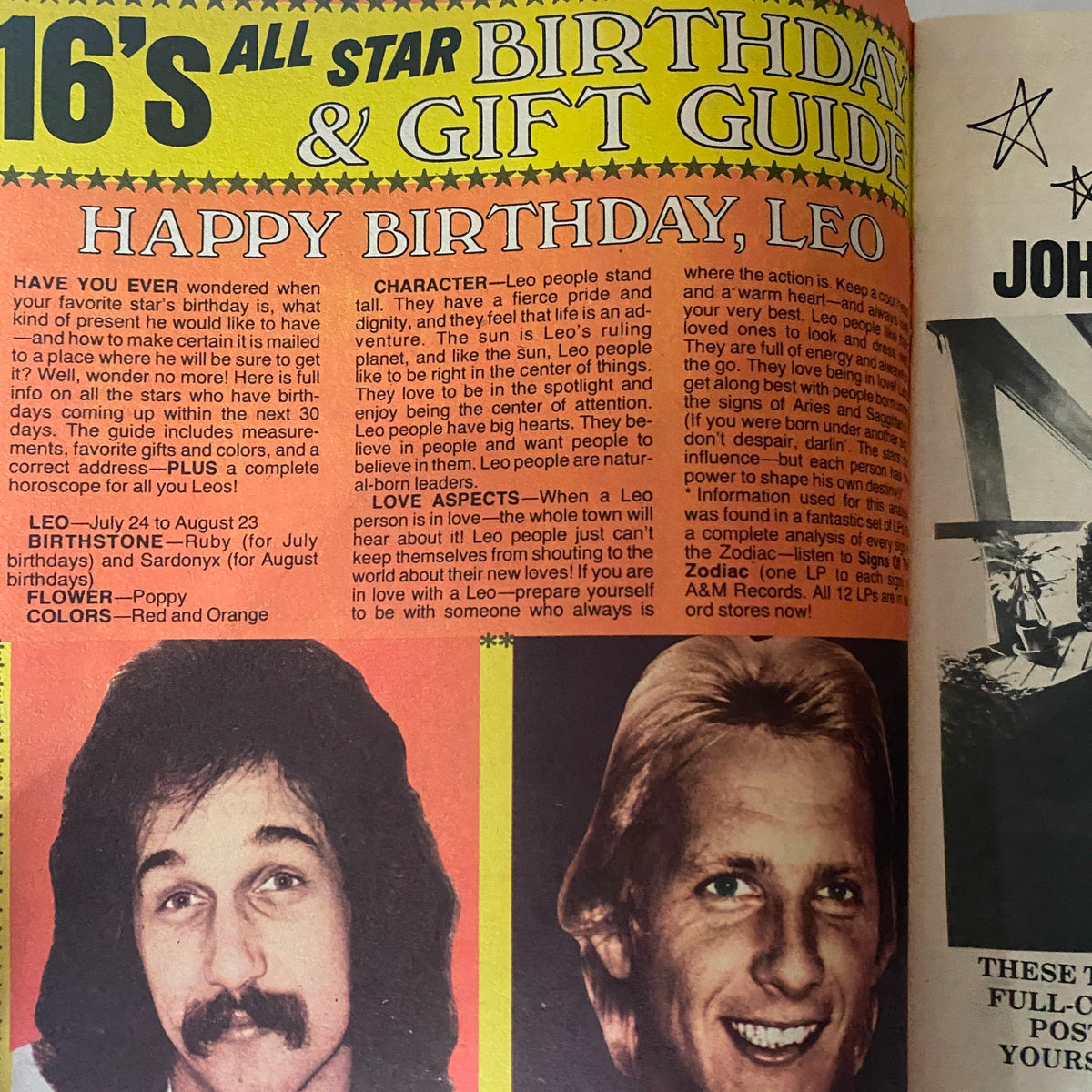 Page from Vintage 16 Magazine September 1975 featuring an All Star Birthday and Gift Guide for Leo, decorated with vibrant colors and images of famous personalities.