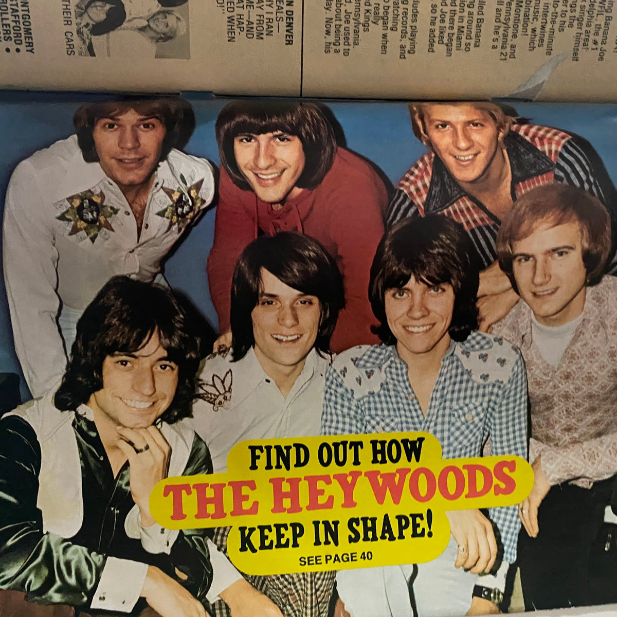Page from Vintage 16 Magazine September 1975 featuring a group of six young men smiling under the headline 'Find Out How The Heywoods Keep in Shape!'