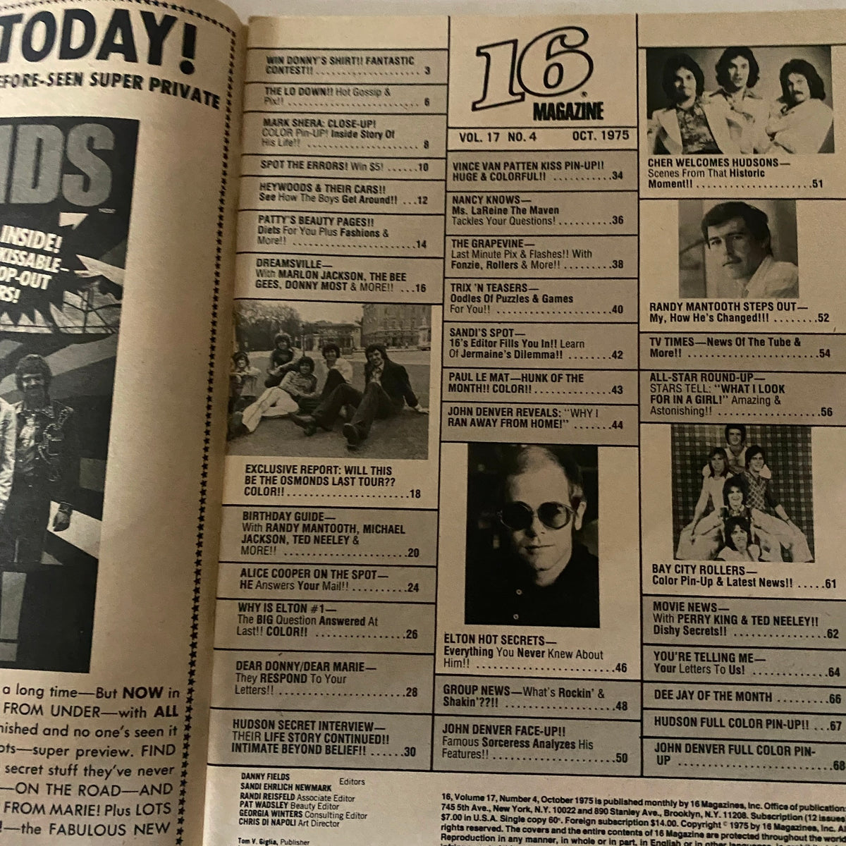 Vintage 16 Magazine October 1975 Elton John, Vince Pan Patten VG w Poster