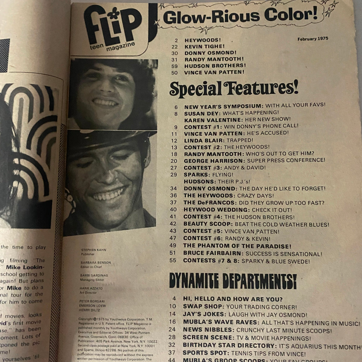 Interior page of VTG Flip Teen Magazine February 1975 highlighting articles about Donny Osmond and other notable teen celebrities, with a focus on popular culture.