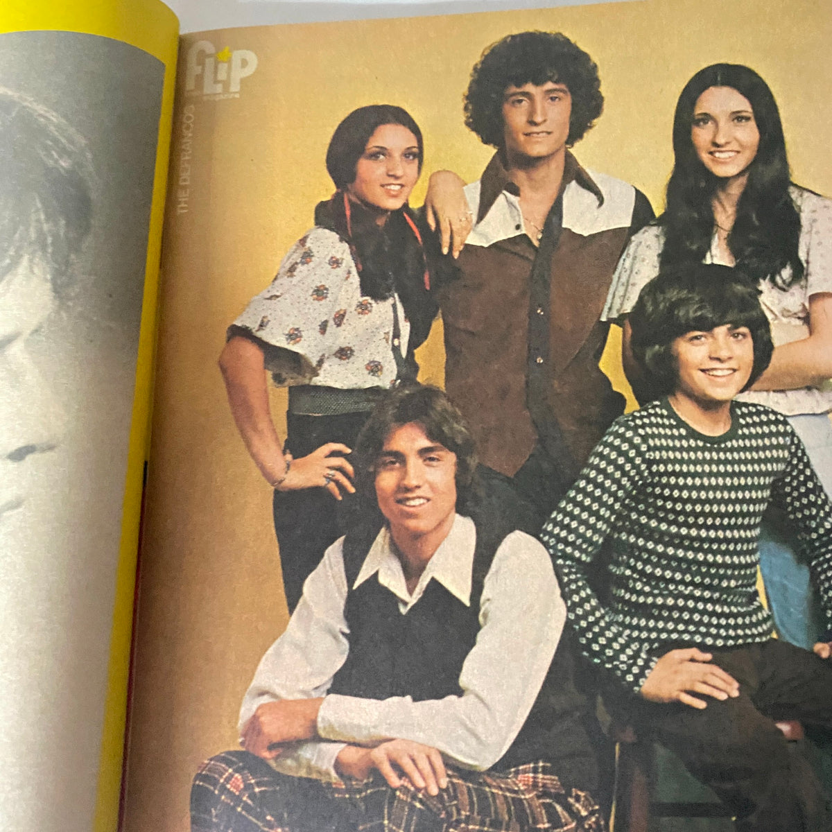 Group of young people featured in VTG Flip Teen Magazine February 1975 Donny Osmond, showcasing 1970s teen fashion and culture.