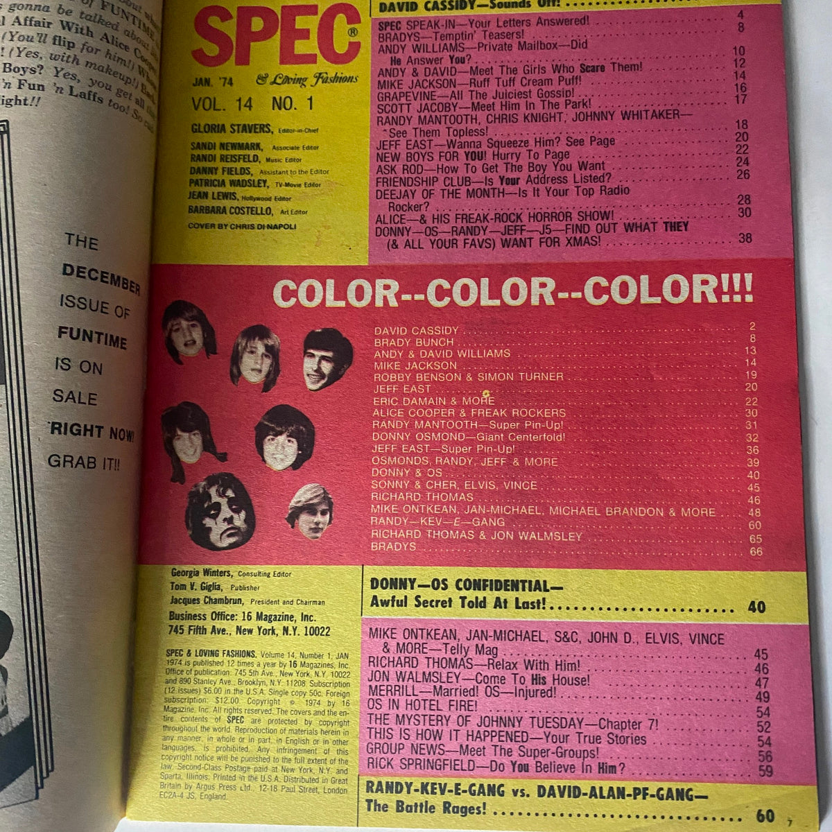 Vintage 16 SPEC Magazine January 1974 David Cassidy Brady Bunch VG w Poster No Label