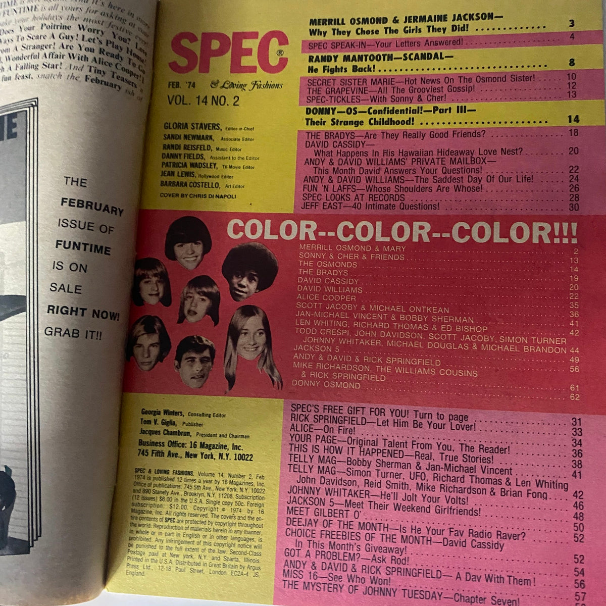 Interior view of VTG 16 SPEC Magazine February 1974 featuring table of contents and featured articles, including Randy Mantooth.