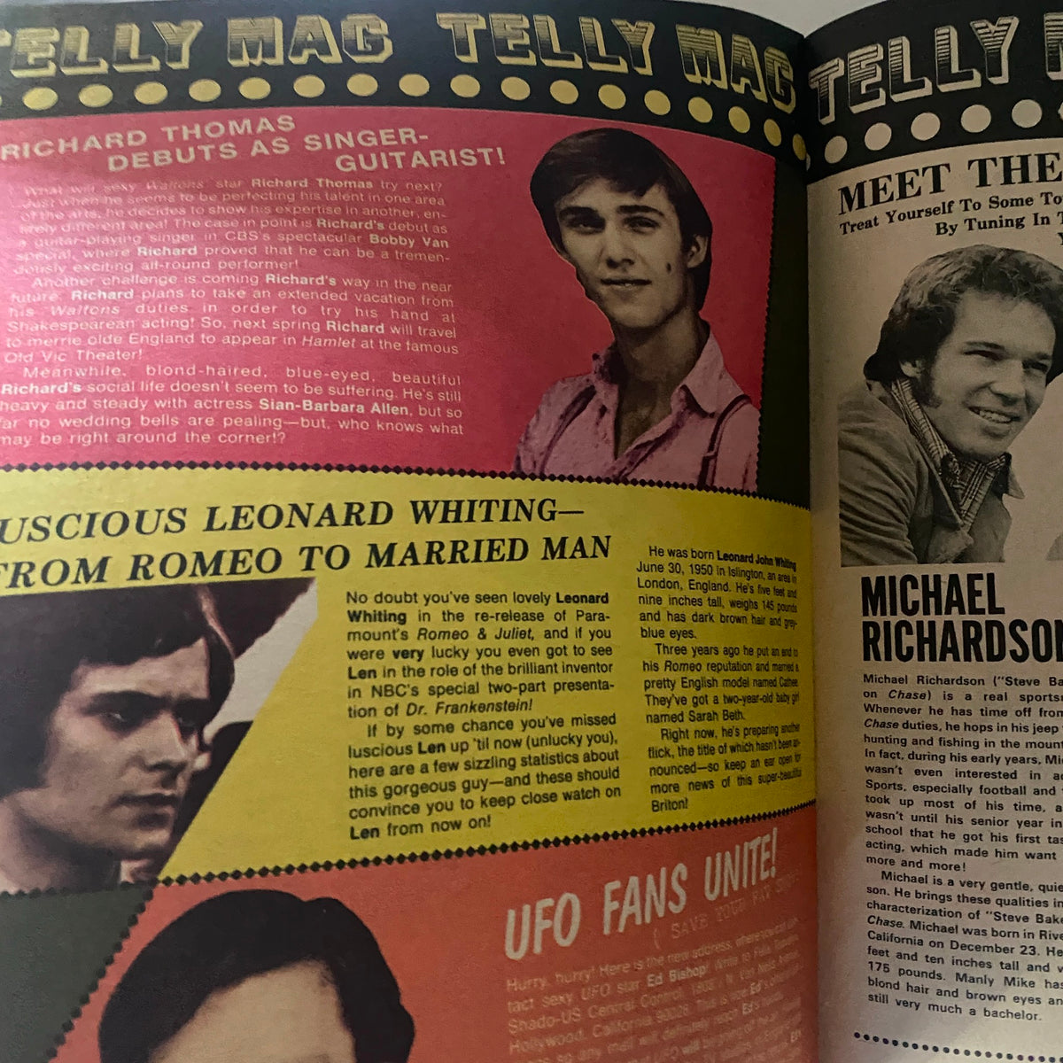 Page layout from VTG 16 SPEC Magazine February 1974 showcasing various TV stars with eye-catching headlines.