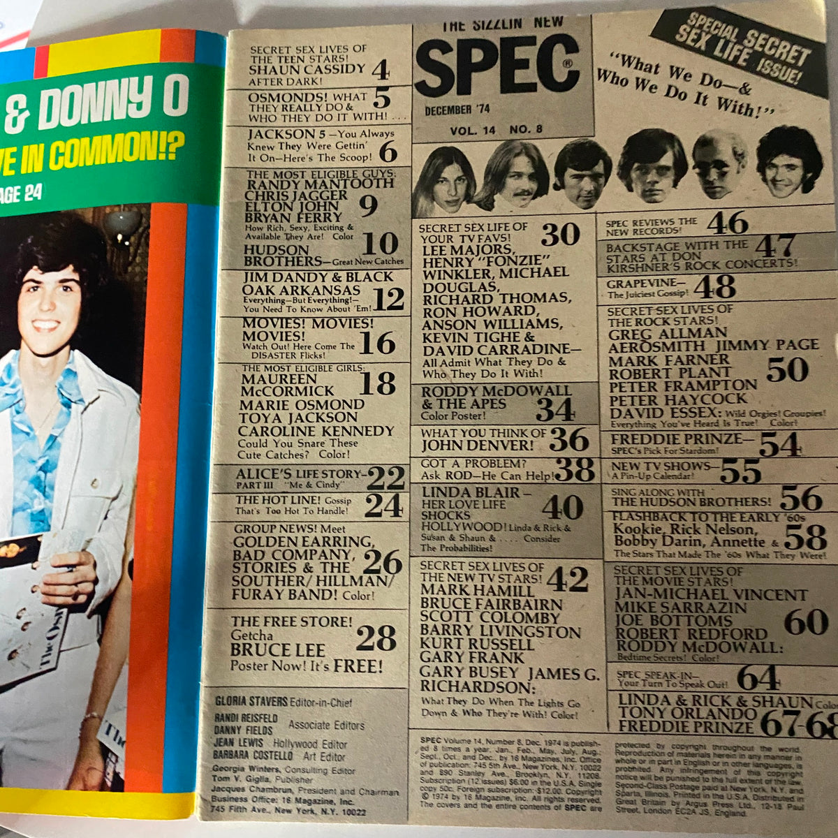 Table of contents from VTG 16 SPEC Magazine December 1974 featuring articles on Jim Dandy, Henry Winkler, and more, with the magazine's title prominently displayed.