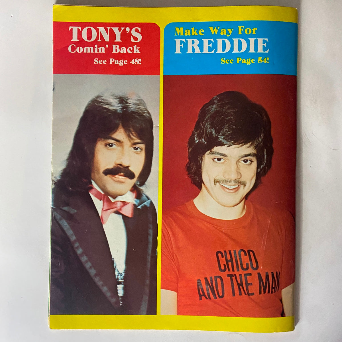 Cover of VTG 16 SPEC Magazine December 1974 featuring images of two men, one in a tuxedo with a pink bow tie and the other in a red 'Chico and the Man' t-shirt, showcasing pop culture icons Jim Dandy and Henry Winkler.