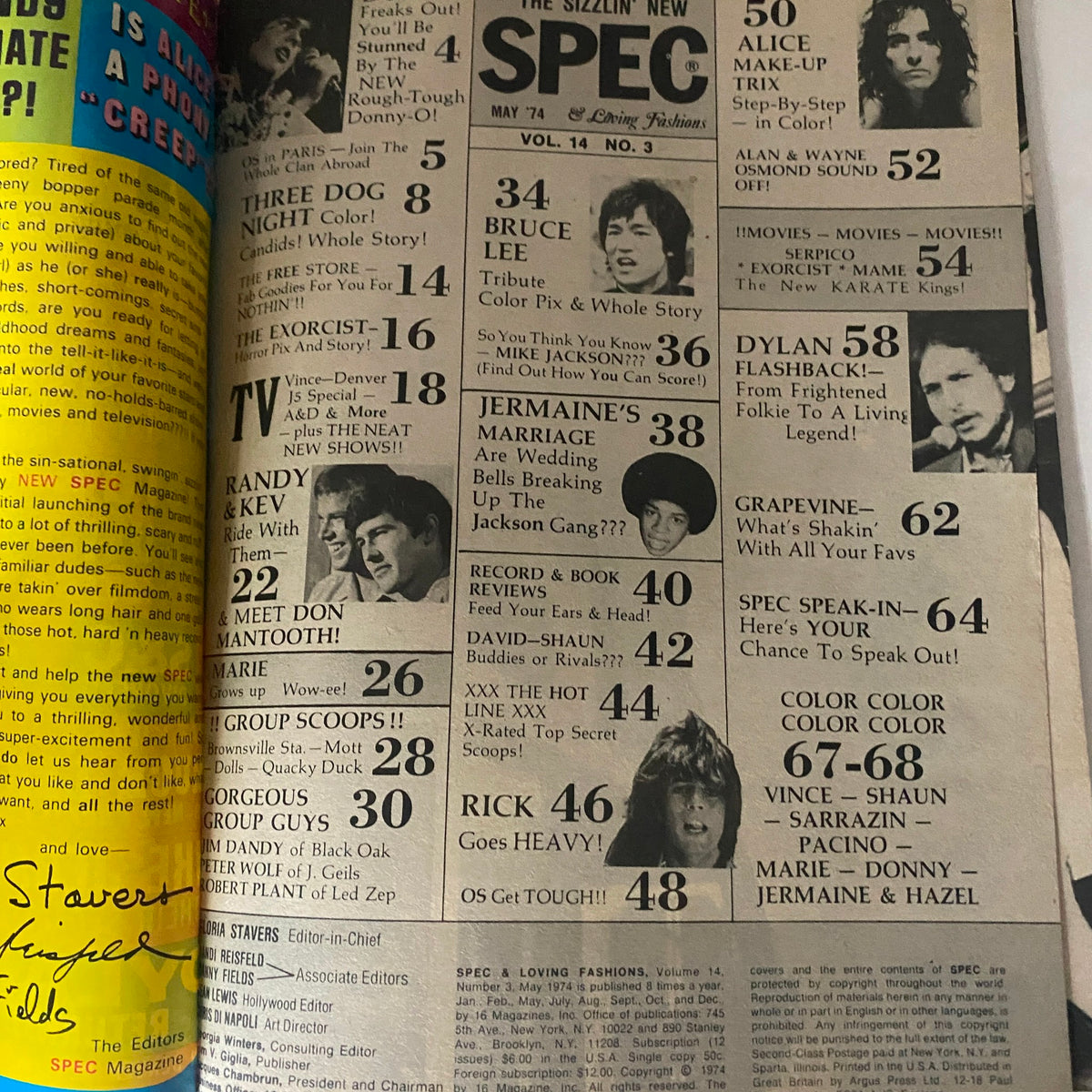 Inside page of VTG 16 SPEC Magazine May 1974 displaying table of contents with features on Bruce Lee and other celebrities of the 70s.