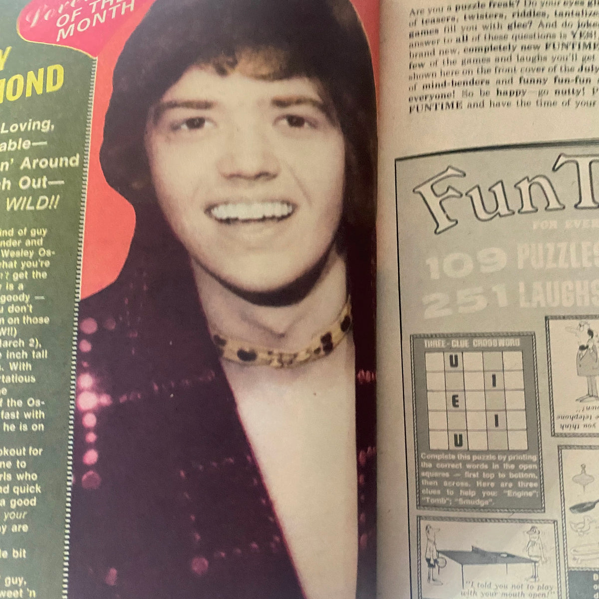 Feature page from VTG 16 SPEC Magazine July 1974 with a smiling photo of a young Donny Osmond and a fun activity section.