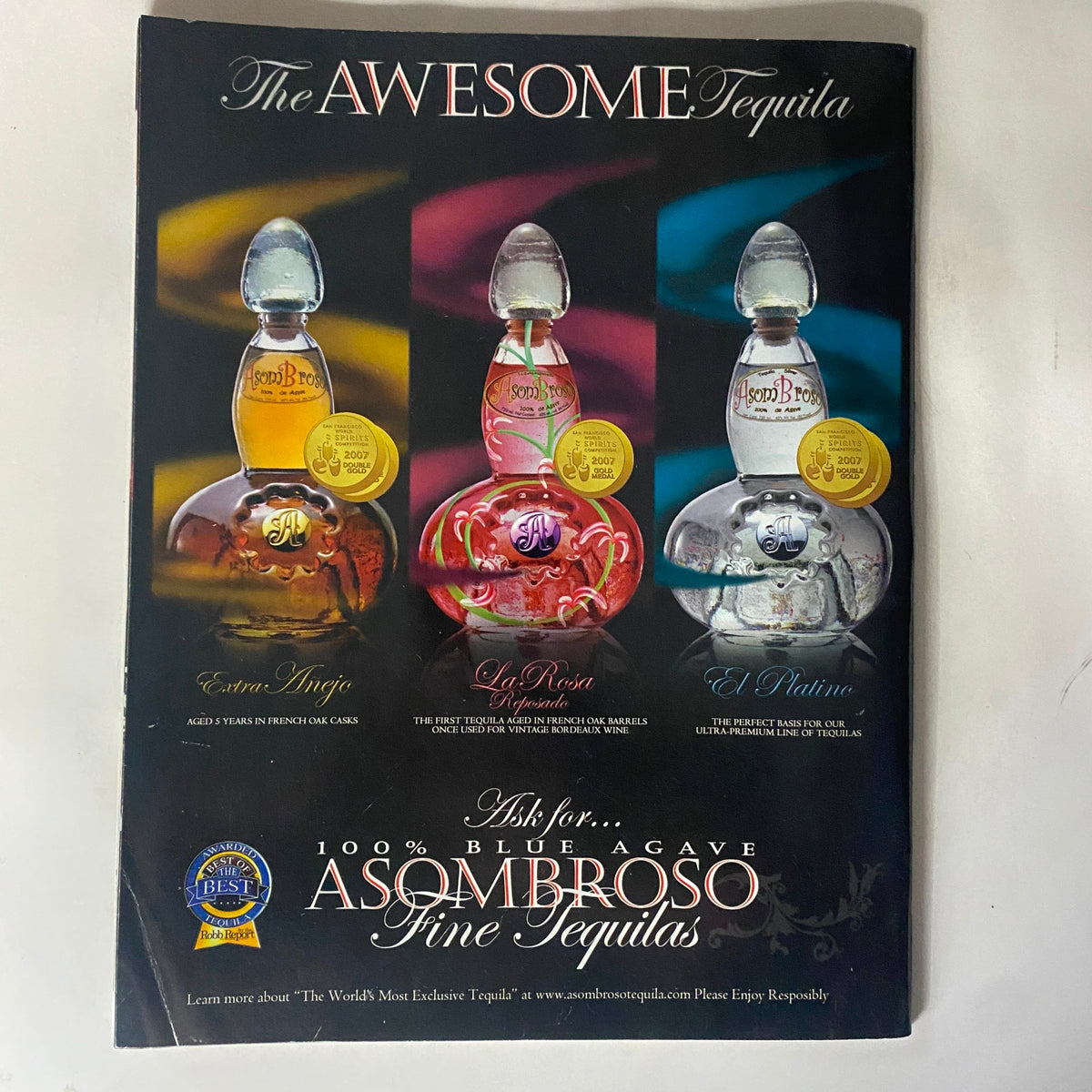 Asombroso Tequila advertisement featuring bottles labeled Extra Añejo, La Rosa, and El Platino, emphasizing luxurious tequila choices, presented in an elegant and colorful layout.
