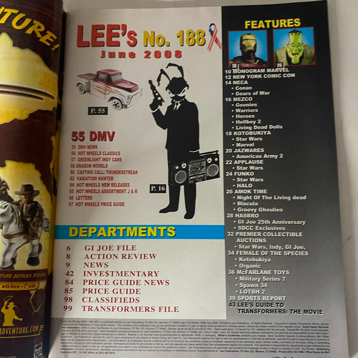 Lee's Toy Review Magazine June 2008 Issue #188 features a vibrant table of contents displaying various sections including toy reviews, search results and features.