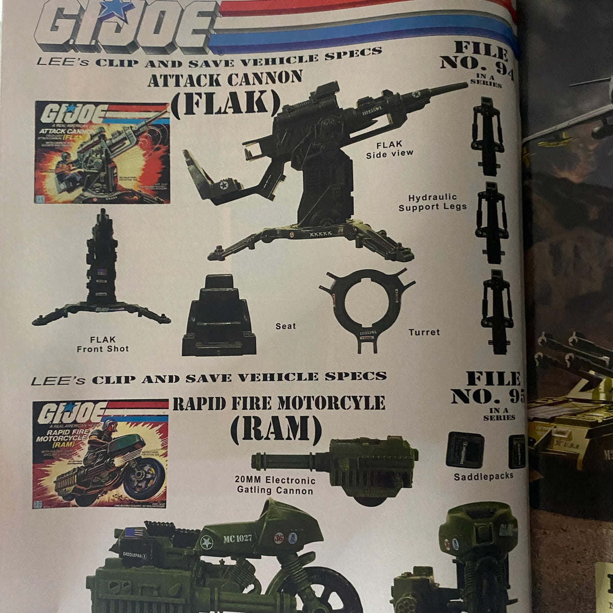 Lee's Toy Review Magazine June 2008 presenting GI Joe vehicle specifications for the Attack Cannon and Rapid Fire Motorcycle.