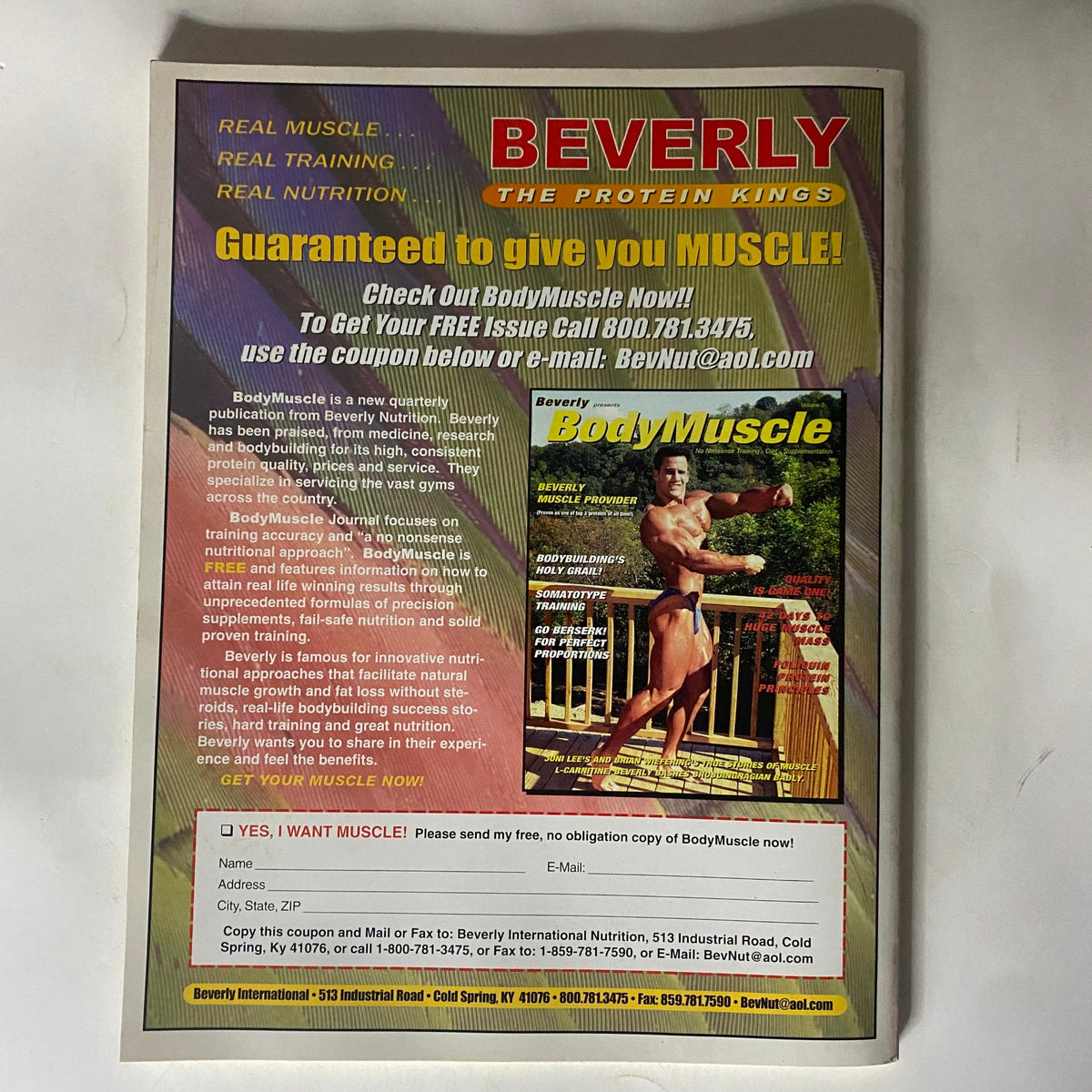 Back cover of No Nonsense Newsletter 2001 Collector's Edition Real World Results, featuring promotional content for Beverly International's BodyMuscle magazine and ensuring muscle building.