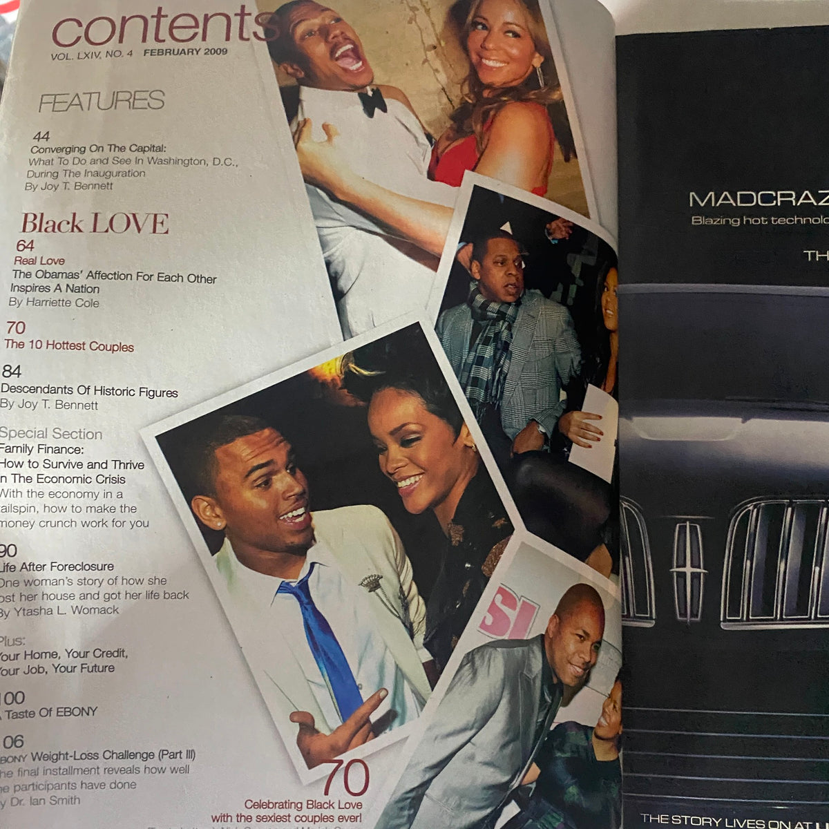 Contents page of Ebony Magazine February 2009 Vol 62 No. 4, featuring the section on Black Love and 10 hottest couples, including Chris Brown and Rihanna.