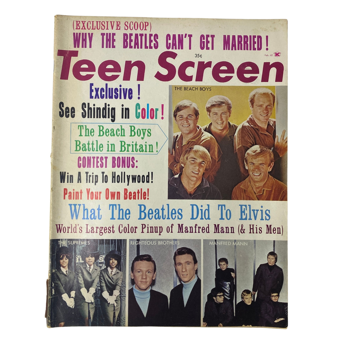 Cover of Teen Screen Magazine February 1965 featuring The Beach Boys, showcasing exclusive articles on their rivalry with The Beatles and their trip to England, colorful visuals, and a large pin-up of Manfred Mann.