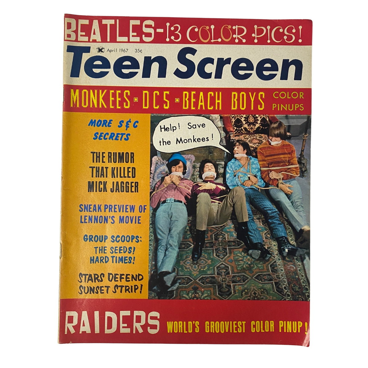 Cover of Teen Screen Magazine April 1967 featuring The Monkees, Beatles, and color pin-ups, urging fans to help save the show.