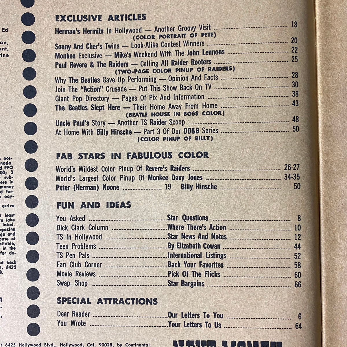 Table of contents from Teen Screen Magazine May 1967, highlighting features on Herman's Hermits, the Beatles, and exclusive pin-ups.
