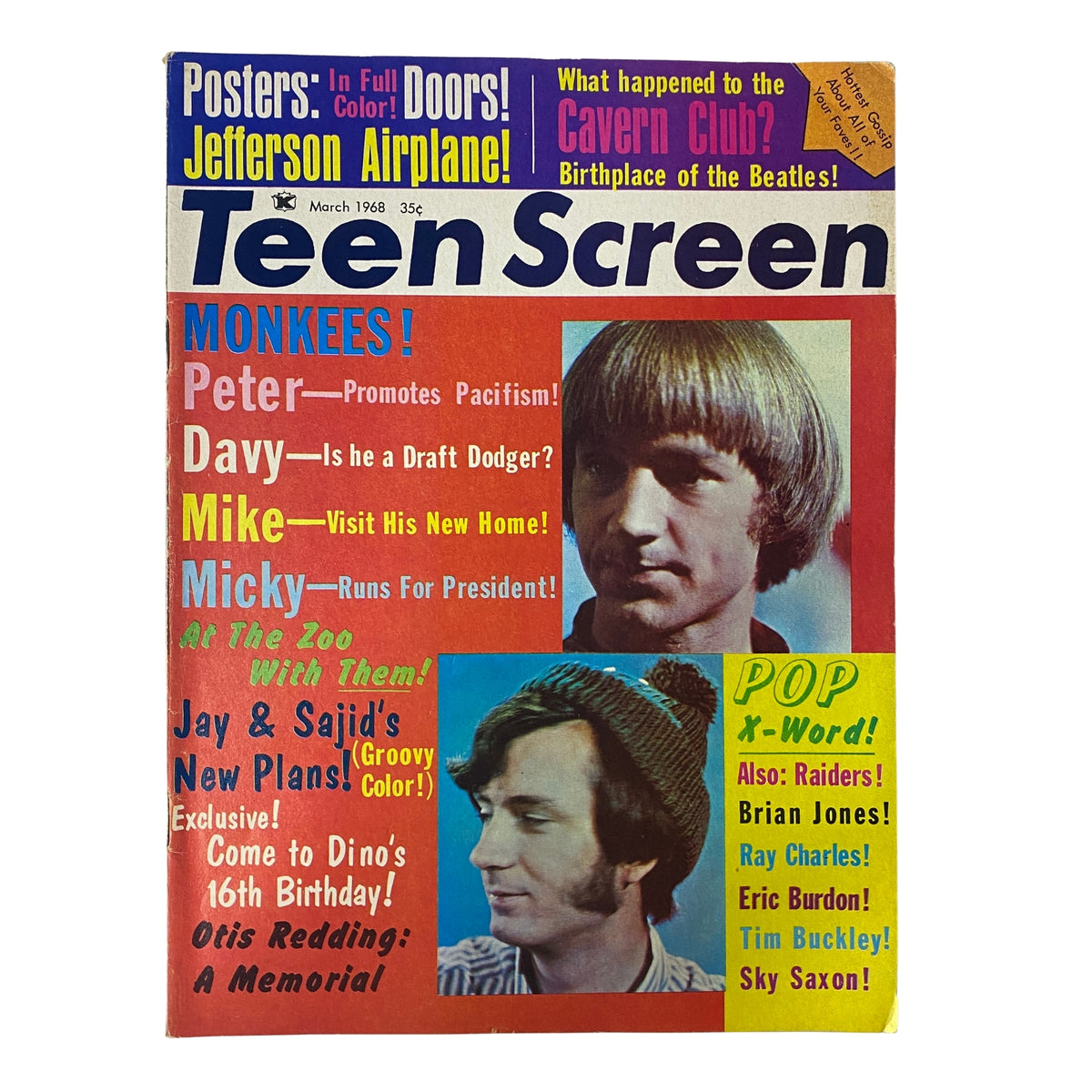 Teen Screen Magazine March 1968 featuring The Monkees on the cover, highlighting prominent features such as Davy Jones, Mike Nesmith, and a mention of psychedelic themes with references to the Cavern Club and the Doors. Perfect for collectors of vintage teen magazines.