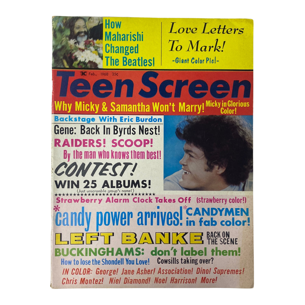 Teen Screen Magazine February 1968 cover featuring The Monkees and The Beatles, highlighting articles about Micky Dolenz, Eric Burdon, and the music scene of the 1960s.