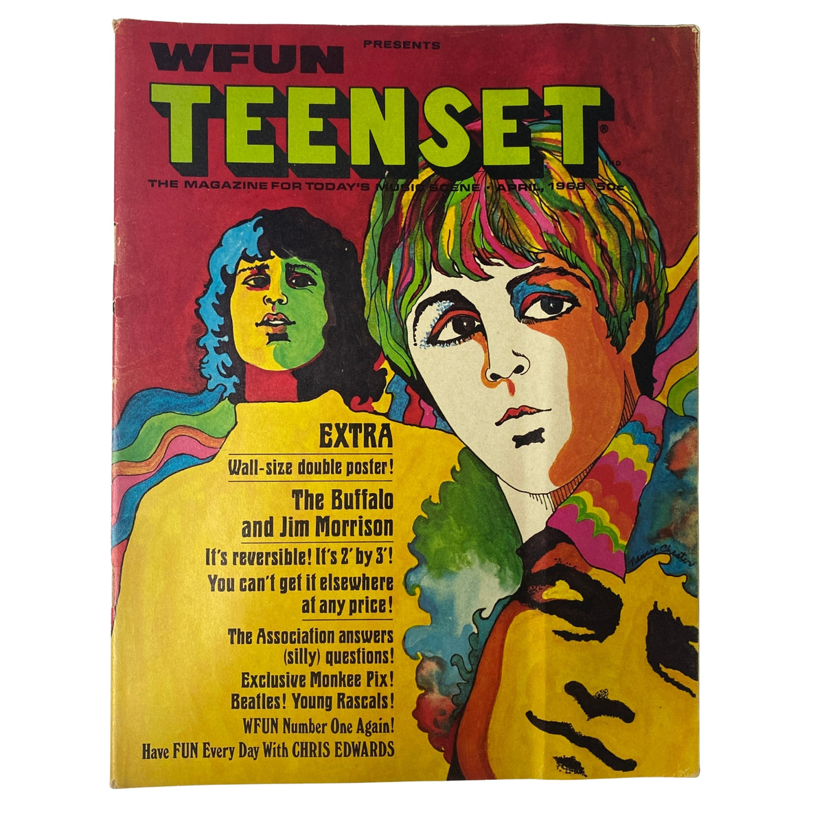 Teen Set Magazine April 1968 cover featuring The Buffalo and Jim Morrison, showcasing vibrant artwork and highlighting exclusive content including a poster and features on popular music icons.