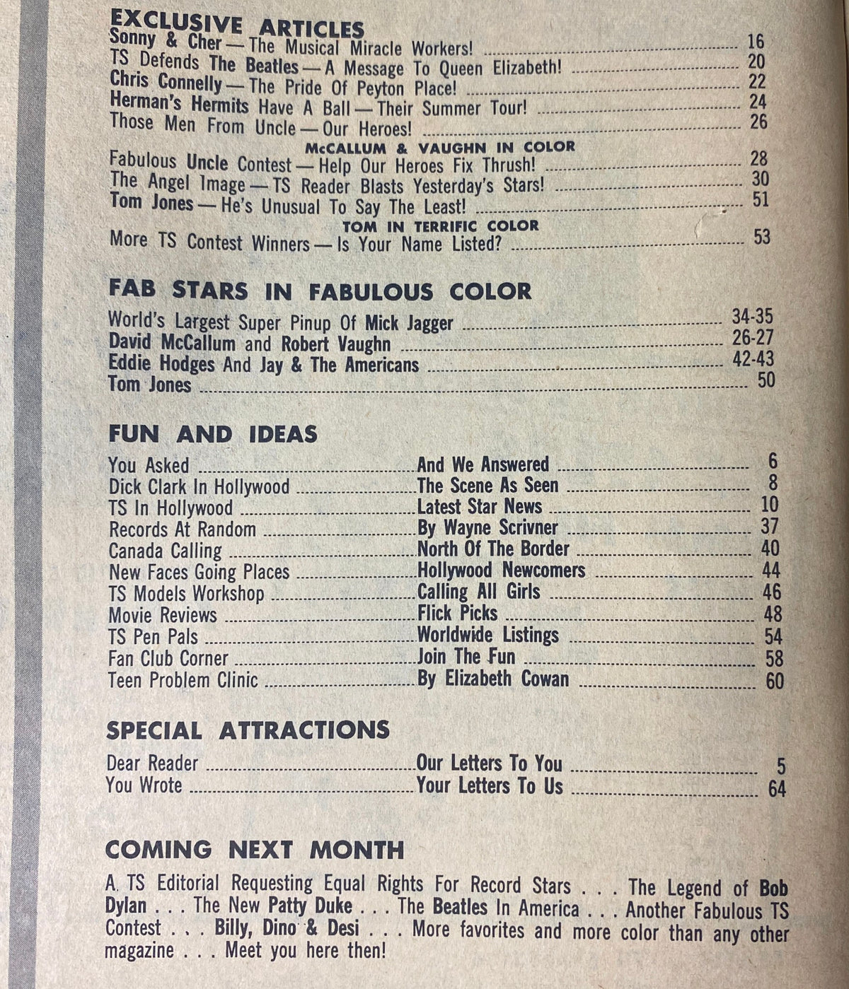 Table of contents from Teen Screen Magazine, November 1965, listing exclusive articles including features on the Beatles and other pop culture icons.