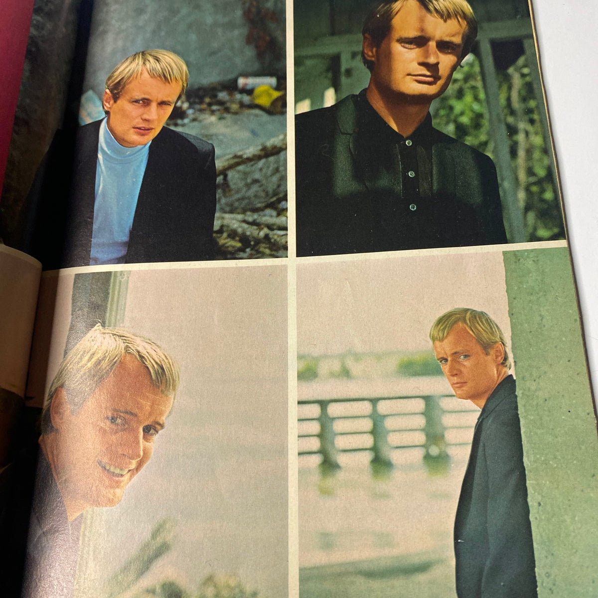 Teen Screen Magazine November 1965 featuring Eddie Hodges and Chris Connelly. The image showcases four colorful portraits of a blonde male model in various poses, highlighting the fashion and style of the mid-1960s.