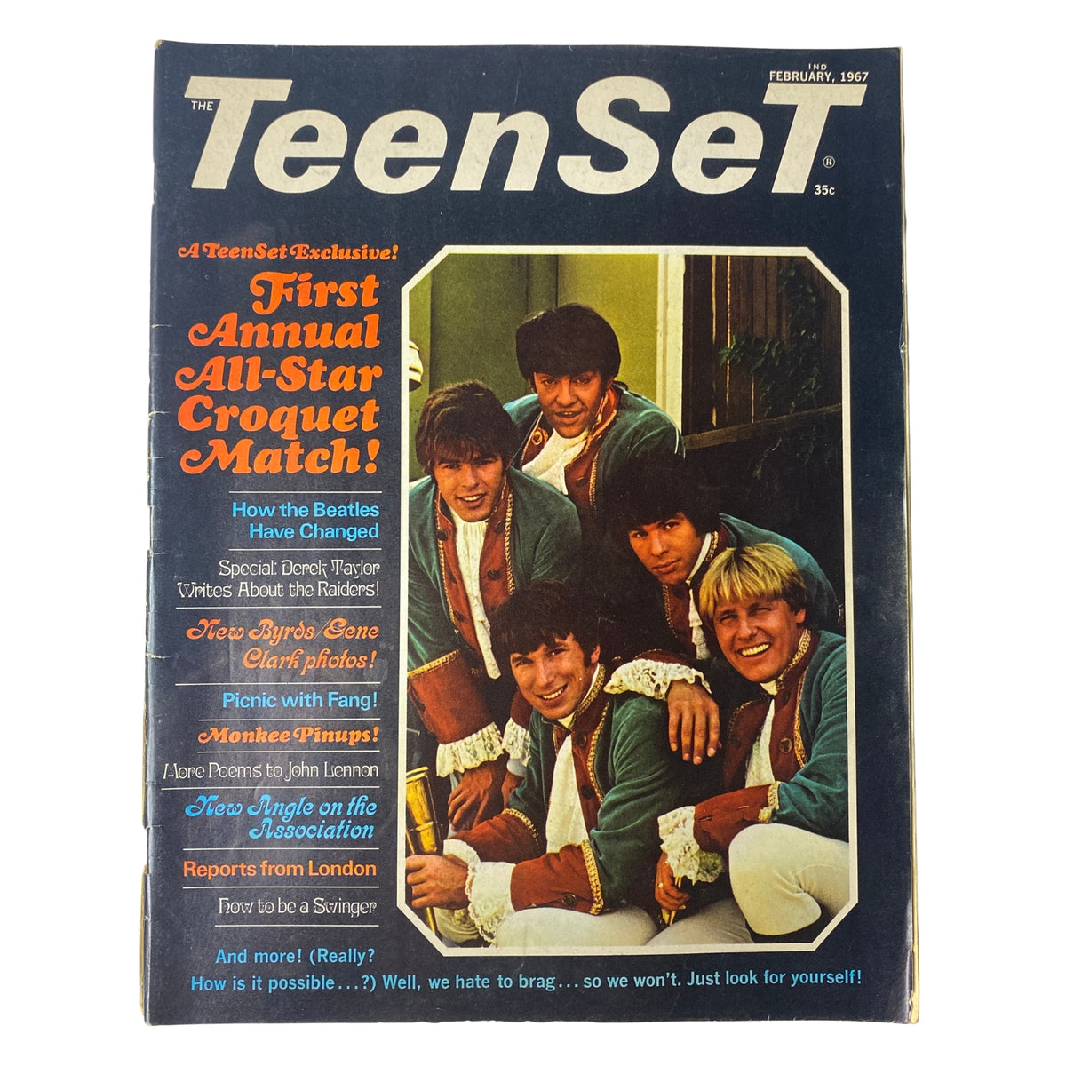 TeenSet Magazine February 1967 cover featuring The Monkees and special features including the First Annual All-Star Croquet Match, showcasing the vibrant teen culture of the 1960s.