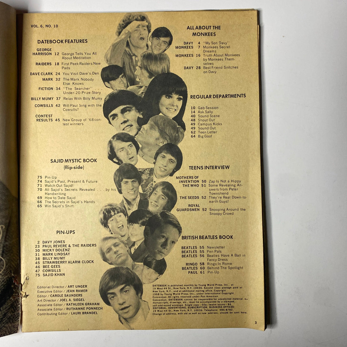 Table of contents from Teen Date Book Magazine May 1968 Vol 6 No. 10, showcasing datebook features and highlights including Sajid Mystic Book and pin-ups of popular stars.