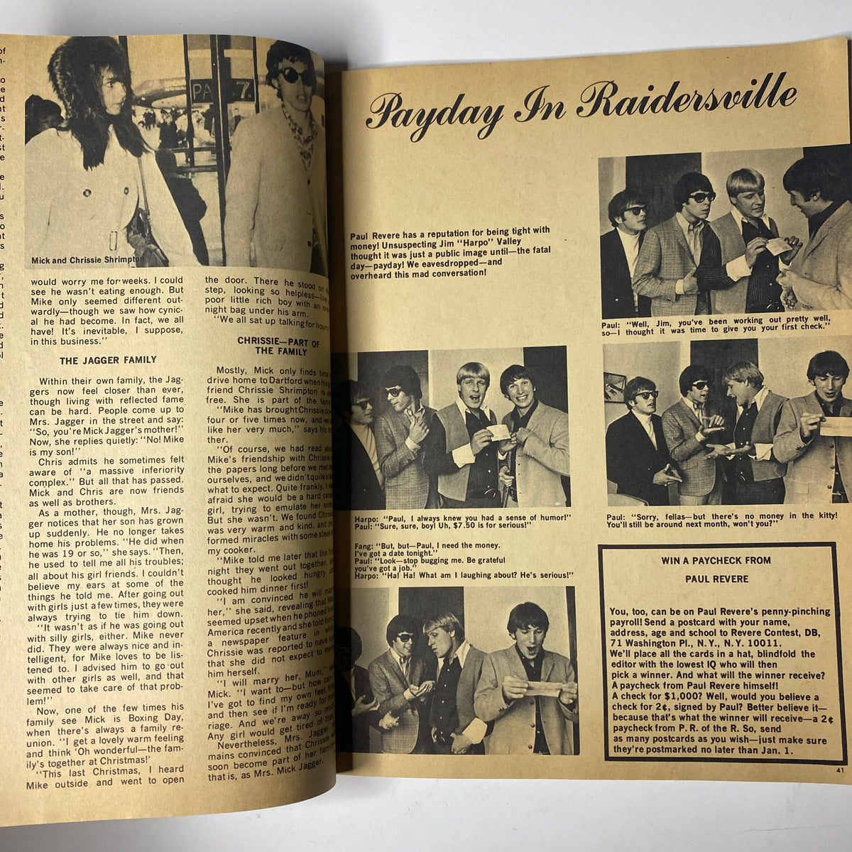An article titled 'Payday In Raidersville' from Date Book Magazine January 1967 Vol 5 No. 12, featuring Paul Revere and The Raiders.