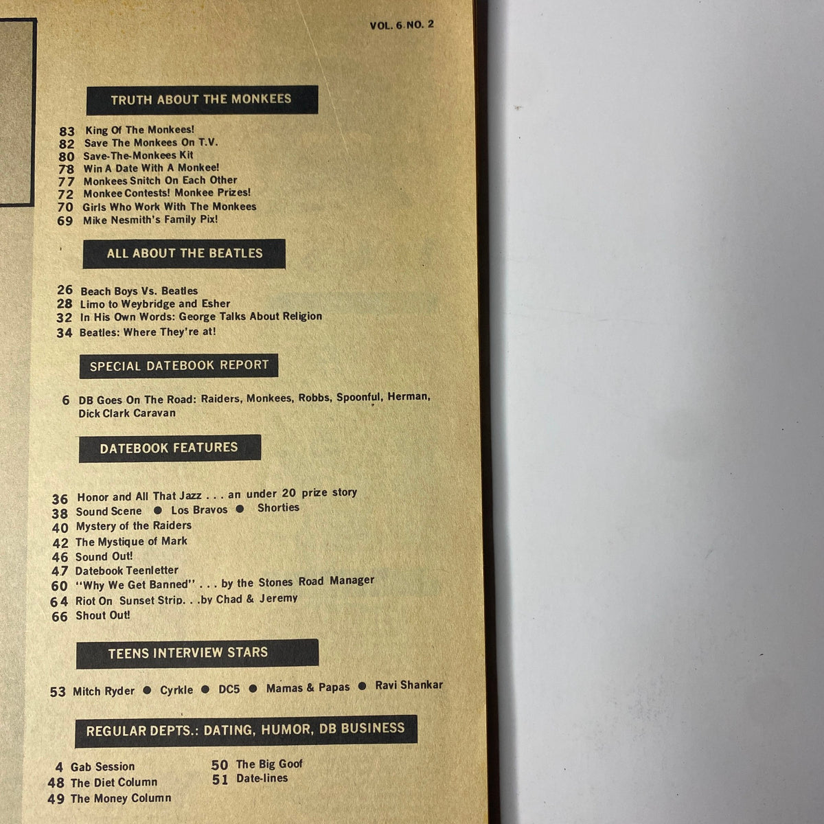 Table of contents from Teen Date Book Magazine Spring 1967 Vol 6 No. 2 featuring sections on The Monkees, The Beatles, and other pop culture highlights.