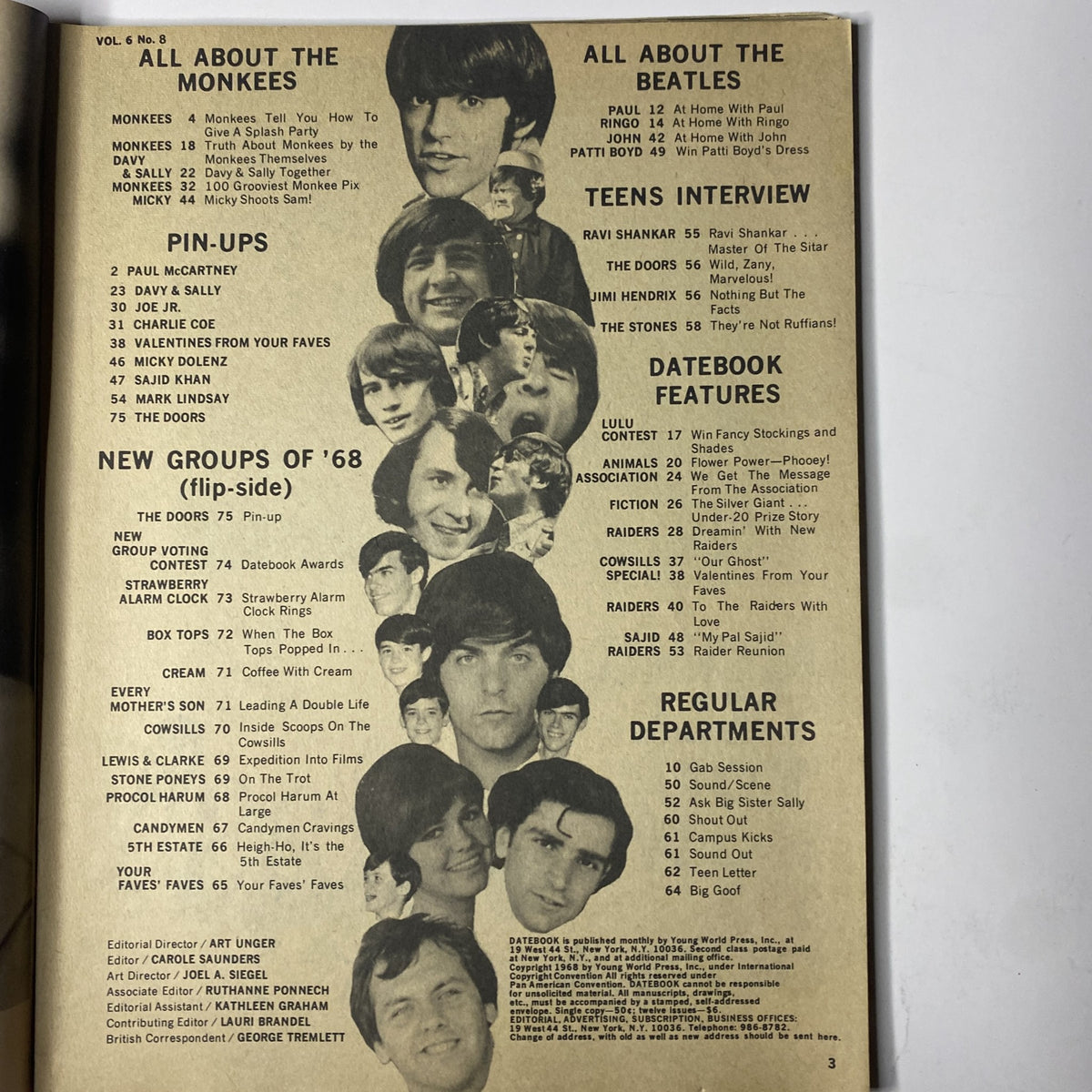 Teen Date Book Magazine February 1968 Vol 6 No 8 Davy Jones w Poster VG featuring a table of contents showcasing various articles and pin-ups related to The Monkees and The Beatles.