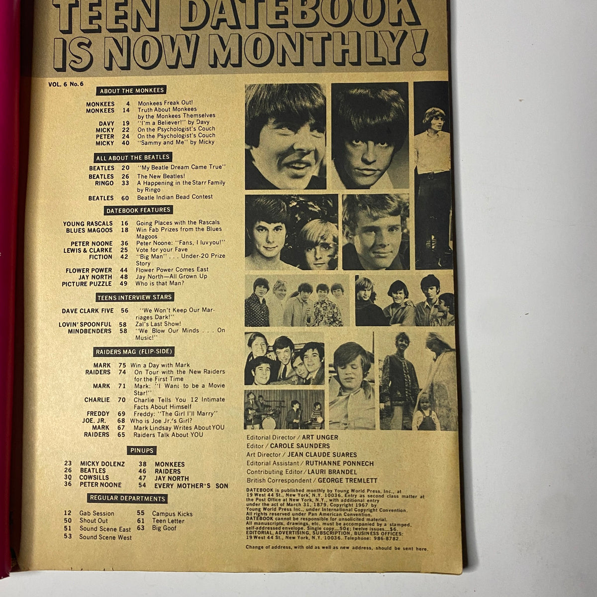 Inside page of Teen Date Book Magazine December 1967, displaying the contents with features on The Monkees, The Beatles, and Raiders Mag. The magazine captures the essence of teen pop culture from the late 1960s.