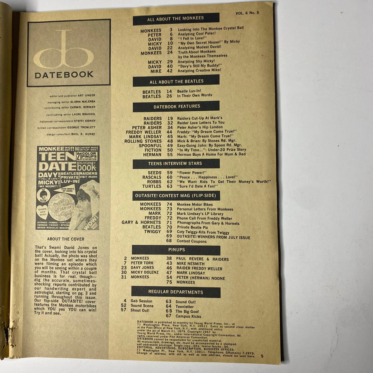 Table of contents page from Teen Date Book Magazine November 1967 detailing features about The Monkees, The Beatles, and other popular teen artists of the 1960s.
