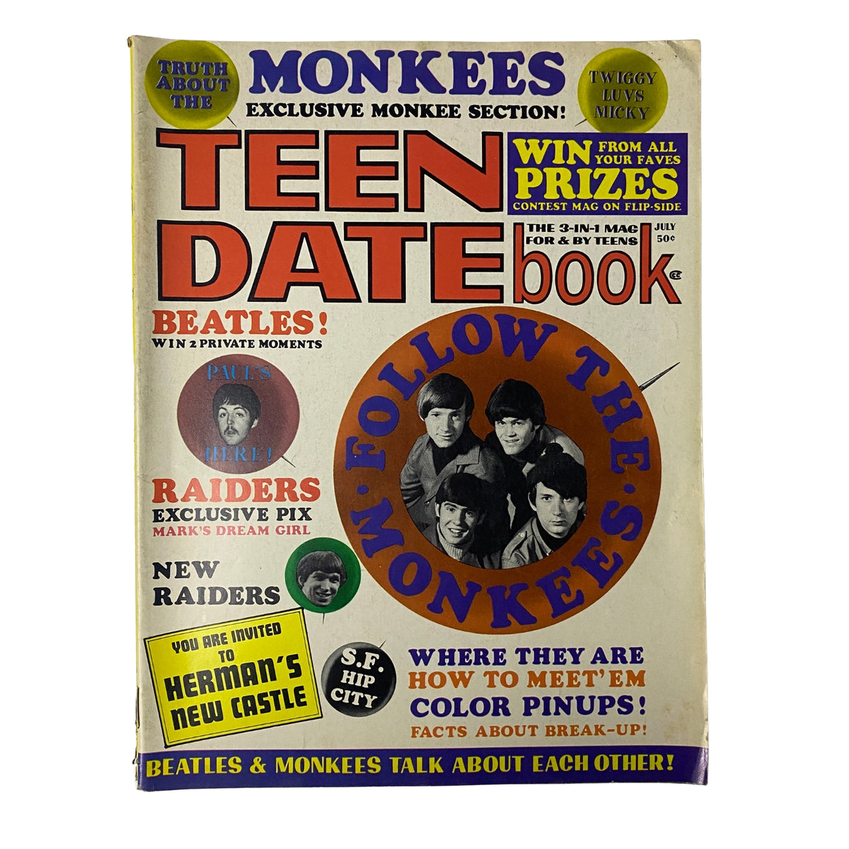 Teen Date Book Magazine July 1967 Vol 6 No. 3 featuring The Monkees on the cover with a vibrant design highlighting contests, pin-ups, and exclusive features.