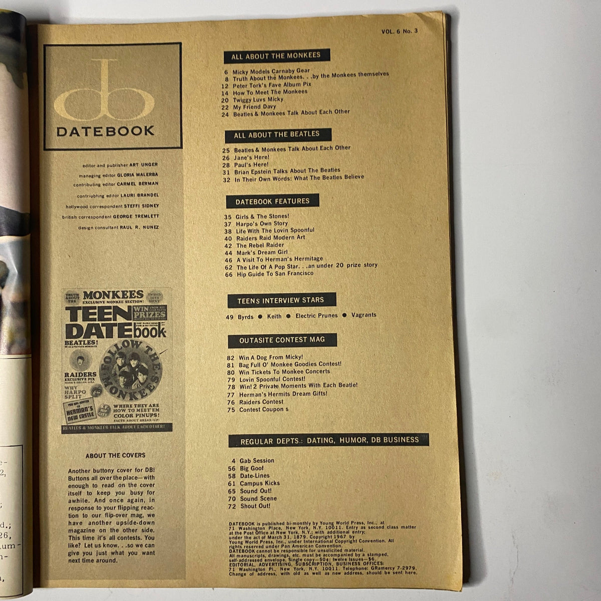Interior page of Teen Date Book Magazine July 1967 Vol 6 No. 3 showcasing the Table of Contents, focusing on articles about The Monkees and The Beatles.