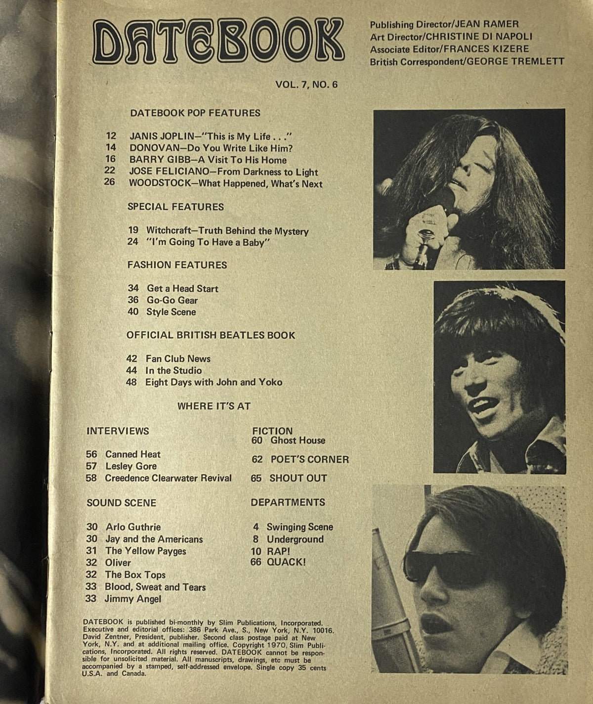 Back cover of Datebook Magazine January 1970 Vol 7 No 6 displaying the table of contents and features, including Janis Joplin and other notable artists, indicative of the magazine's focus on music and pop culture.