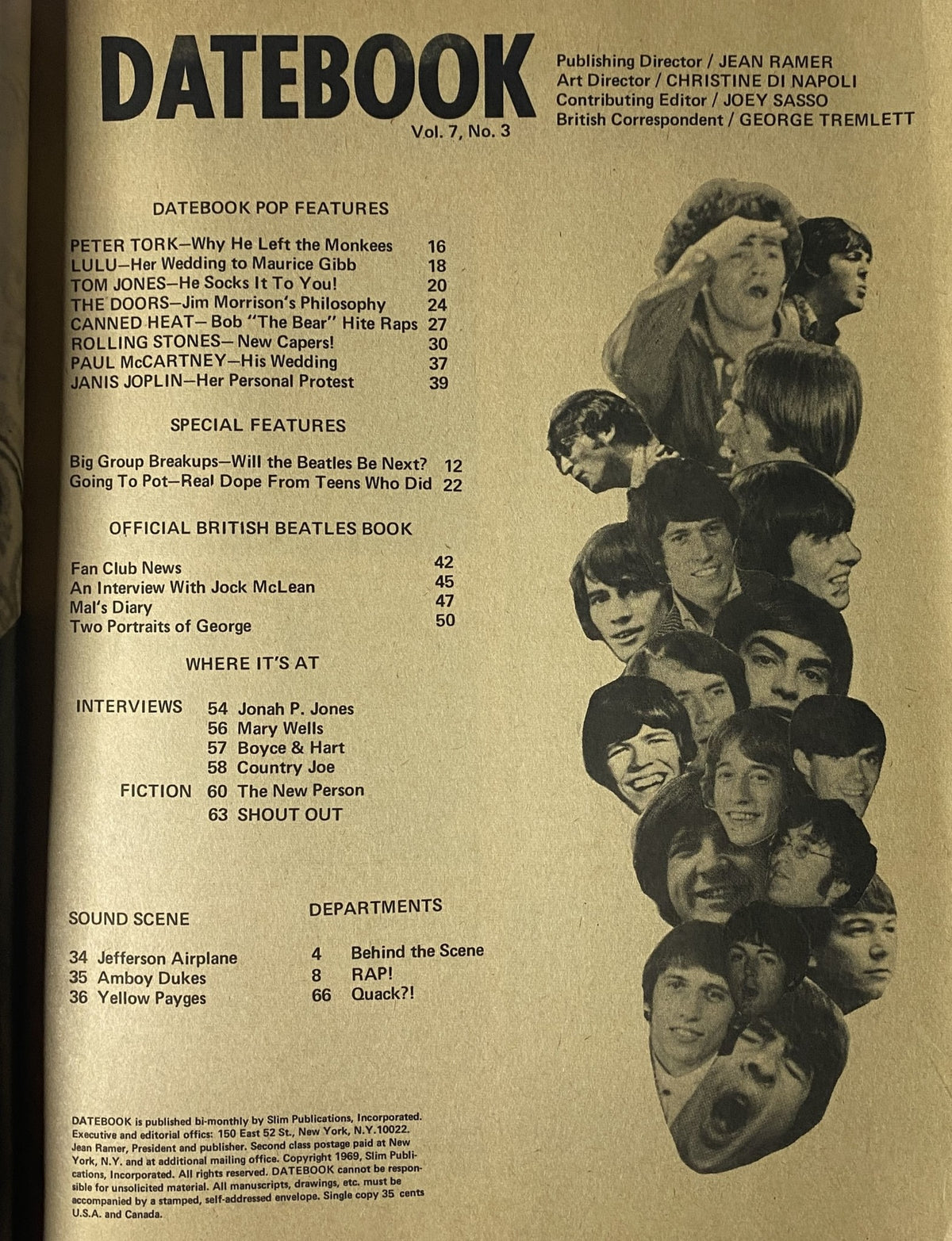 Datebook Magazine July 1969 Vol 7 No. 3 featuring The Beatles on the cover, showcasing pop features and highlights from rock history, detailed table of contents including notable articles.