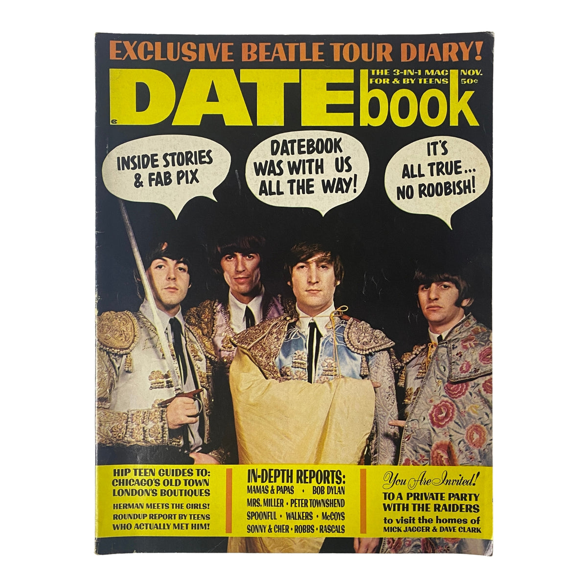 Datebook Magazine November 1966 featuring The Beatles on the cover, showcasing highlights of their American tour and articles about popular 1960s music. This vintage magazine is a must-have collectible for fans of The Beatles and rock history.