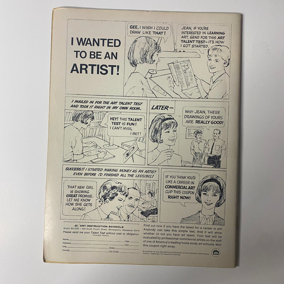 Back cover of Datebook Magazine November 1969 Vol 7 No 5 displaying an advertisement for an art talent test program, capturing the essence of artistic aspiration popular in the late 1960s.