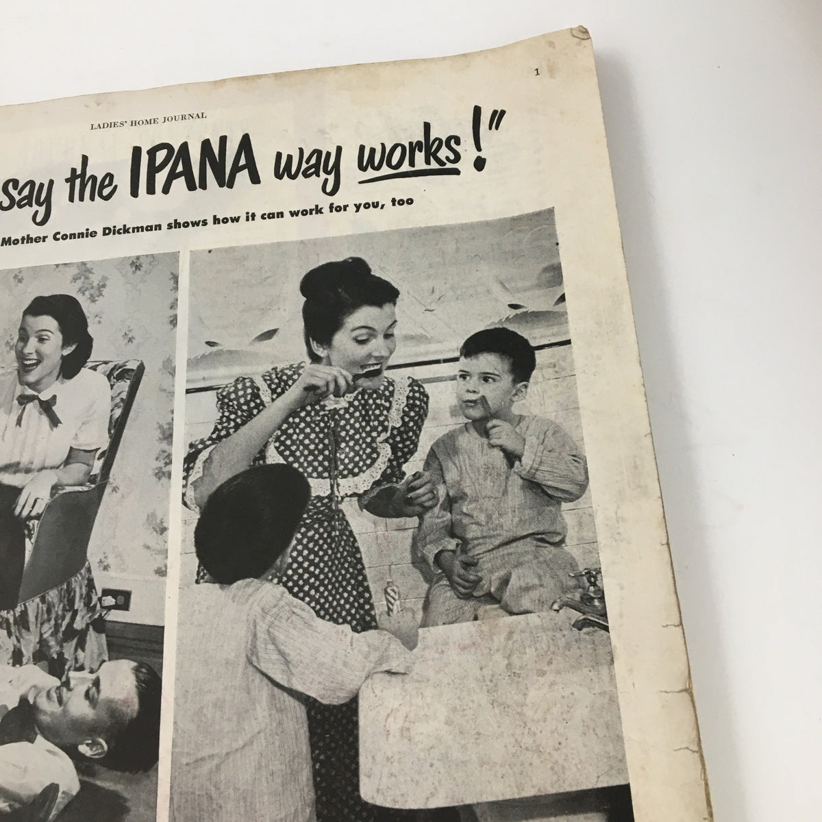 Interior page from Ladies' Home Journal Magazine December 1948, featuring a black and white photo of a woman teaching children with a focus on family and caregiving topics.