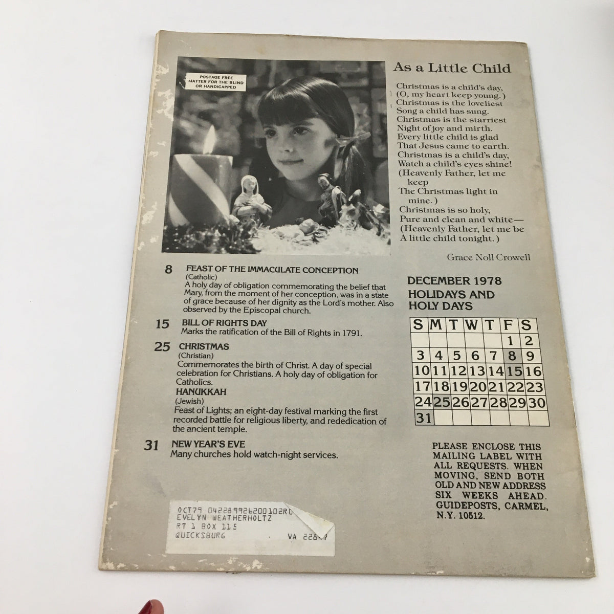 Back cover of Guideposts Magazine December 1978 featuring a childhood-themed poem titled 'As a Little Child' with a decorative image of a girl and holiday-related articles and calendar.