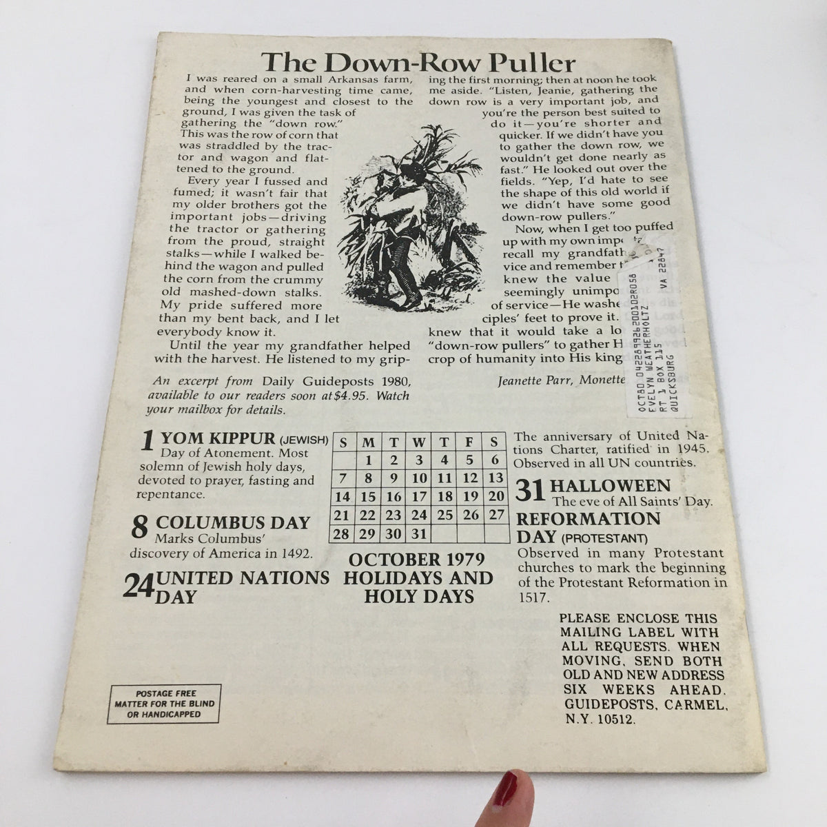 Back cover of the October 1979 Guideposts Magazine, detailing calendar events and a short excerpt from Daily Guideposts, associated with Ed Asner's feature.