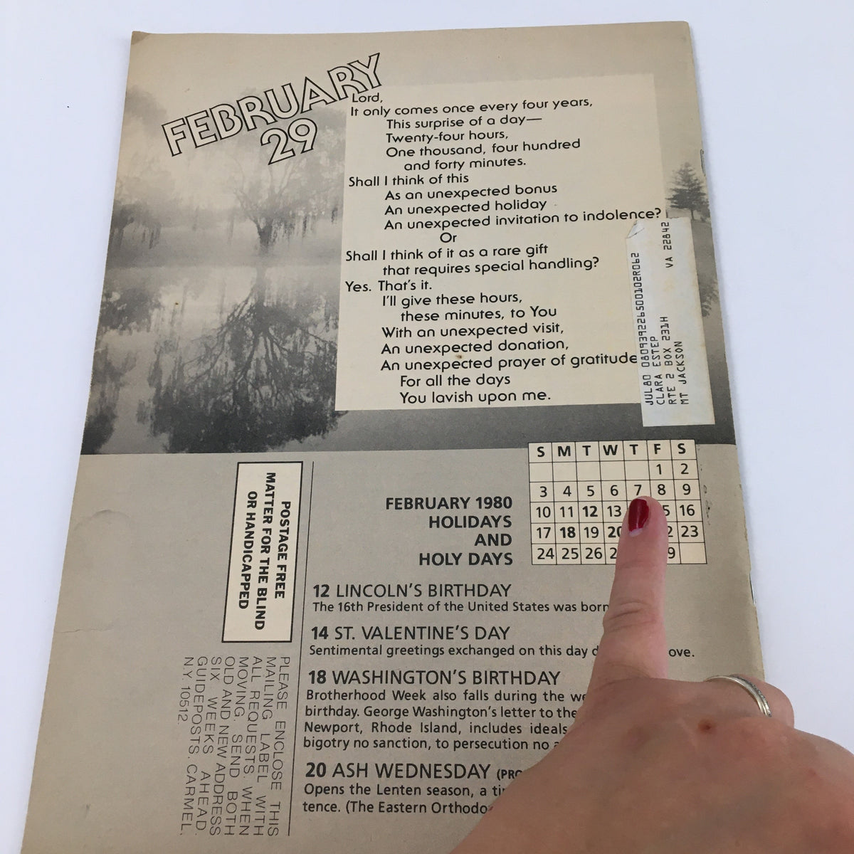 Inside view of Guideposts Magazine February 1980 with an inspirational poem, calendar for the month, and details of February holidays, reflecting the content and values of the era.