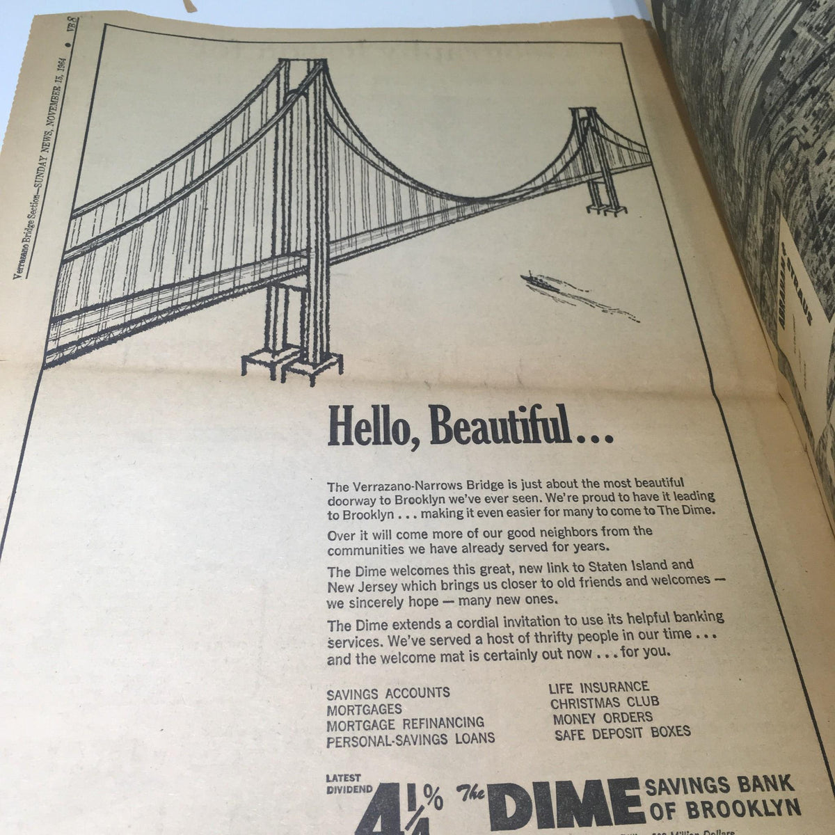 Advertisement in the Vintage & Rare NY Daily News, November 15, 1964, promoting the Verrazzano-Narrows Bridge, stating 'Hello, Beautiful...' with an illustration of the bridge.