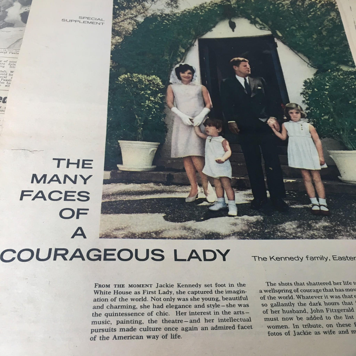 Vintage NY Daily News from November 26, 1963 titled 'The Many Faces of a Courageous Lady' showcasing Jackie Kennedy and John F. Kennedy with their children, reflecting on their family life.