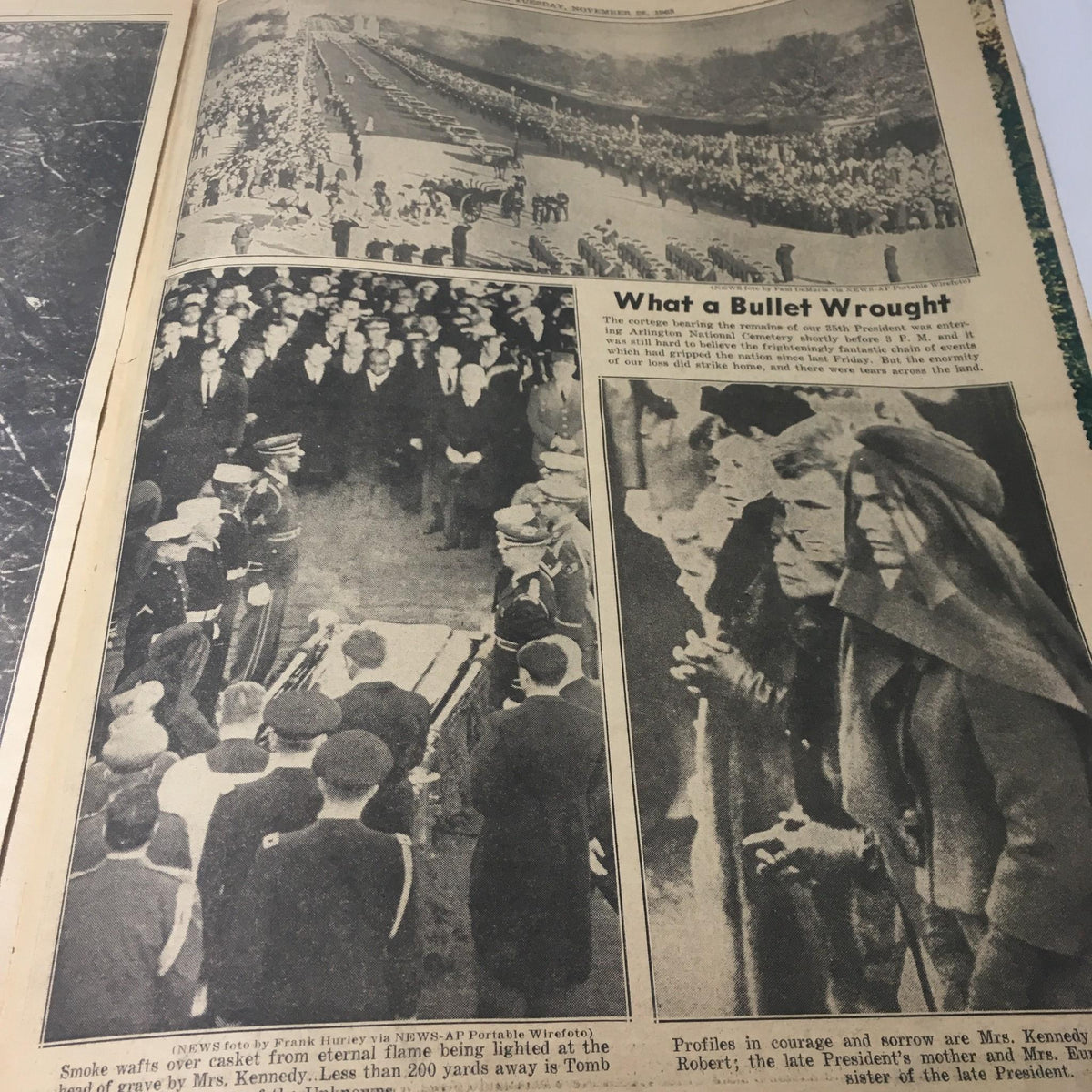 Vintage NY Daily News from November 26, 1963 showing the emotional farewell of John F. Kennedy, with images capturing the funeral procession and grieving figures lining the streets.