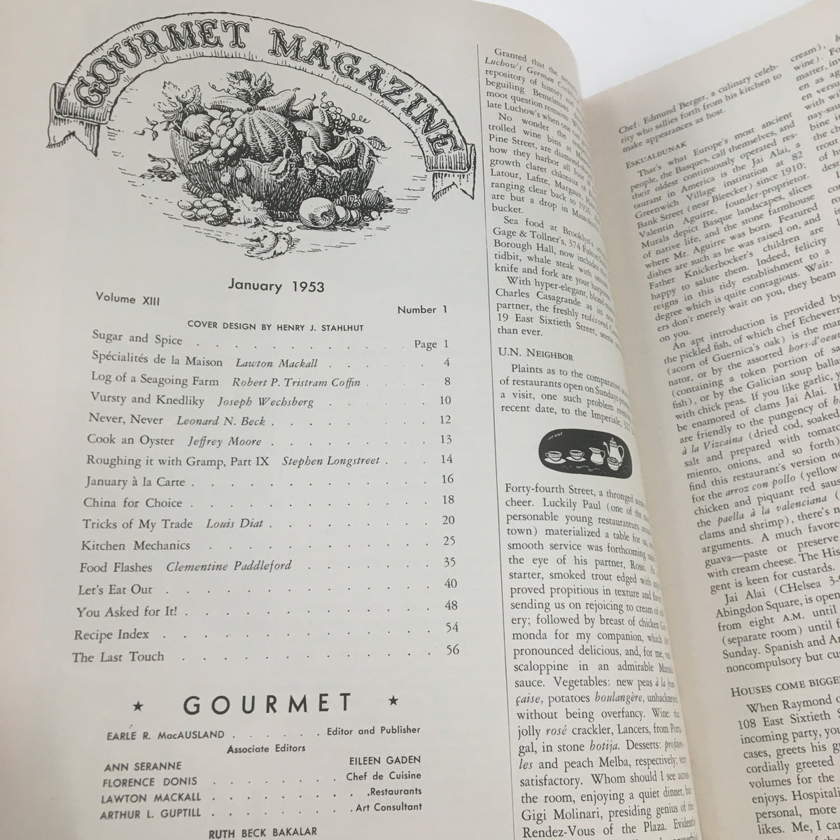 Table of contents page from Gourmet Magazine January 1953. Lists articles and features, including 'Roughing it with Gramp Part IX', showcasing culinary topics and contributions from notable editors.