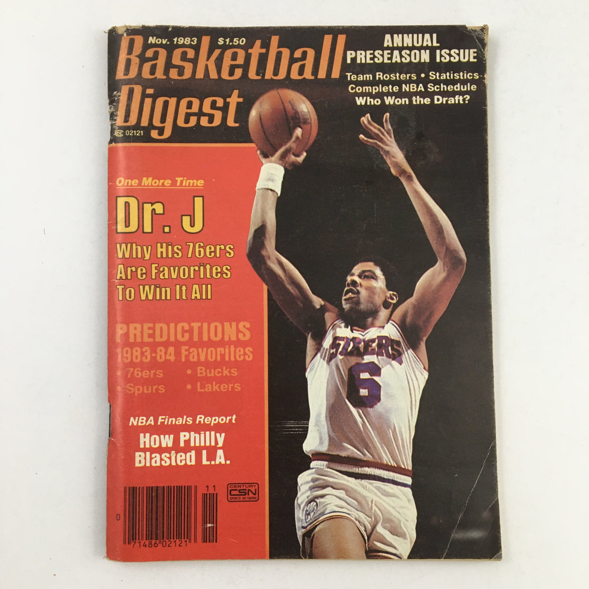 Cover of Basketball Digest Magazine, November 1983, featuring legendary NBA player Julius Erving, also known as Dr. J, highlighting the Philadelphia 76ers as favorites for the season.