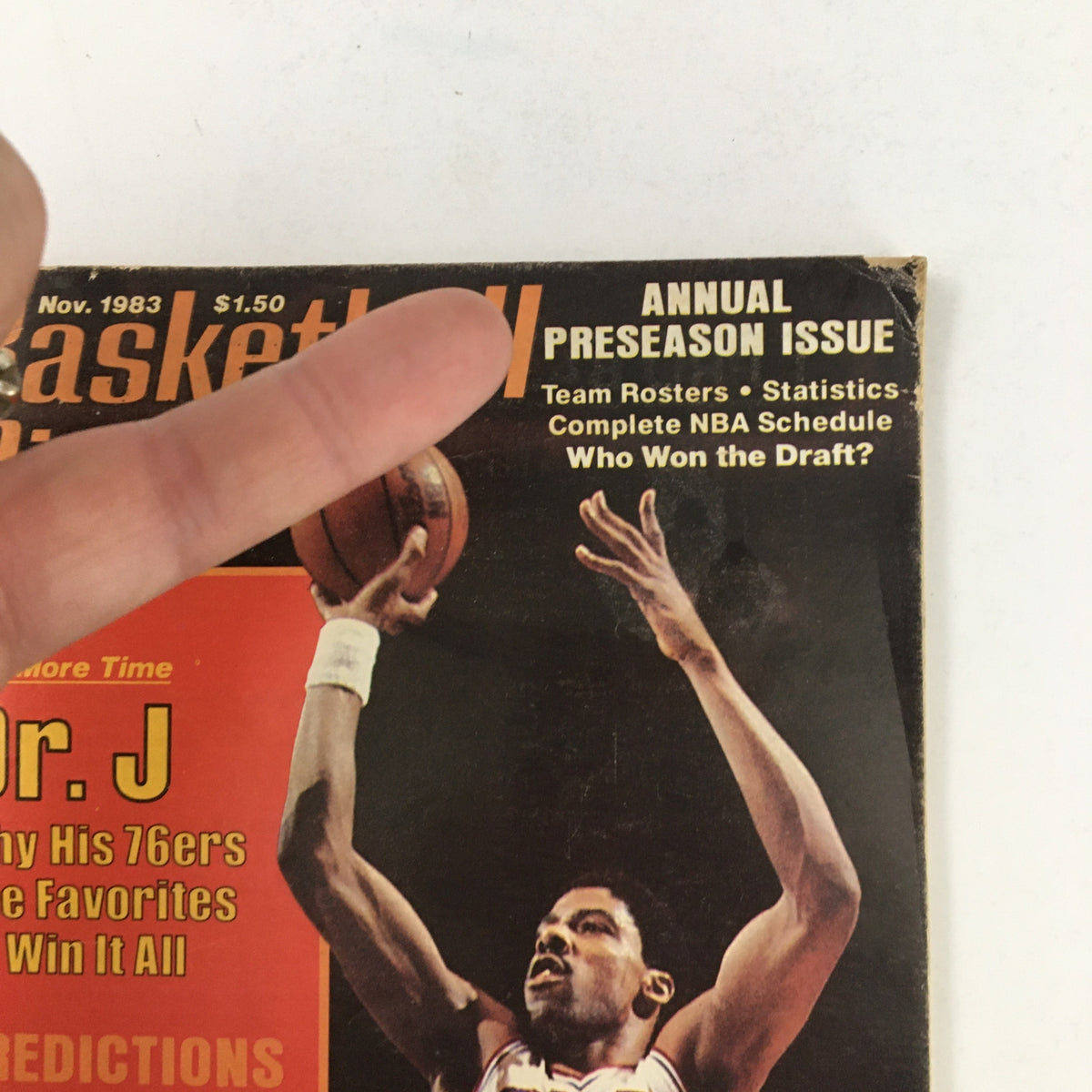 Close-up view of the Basketball Digest Magazine cover from November 1983, highlighting Julius Erving and his connection to the 76ers, showcasing key moments of the NBA.