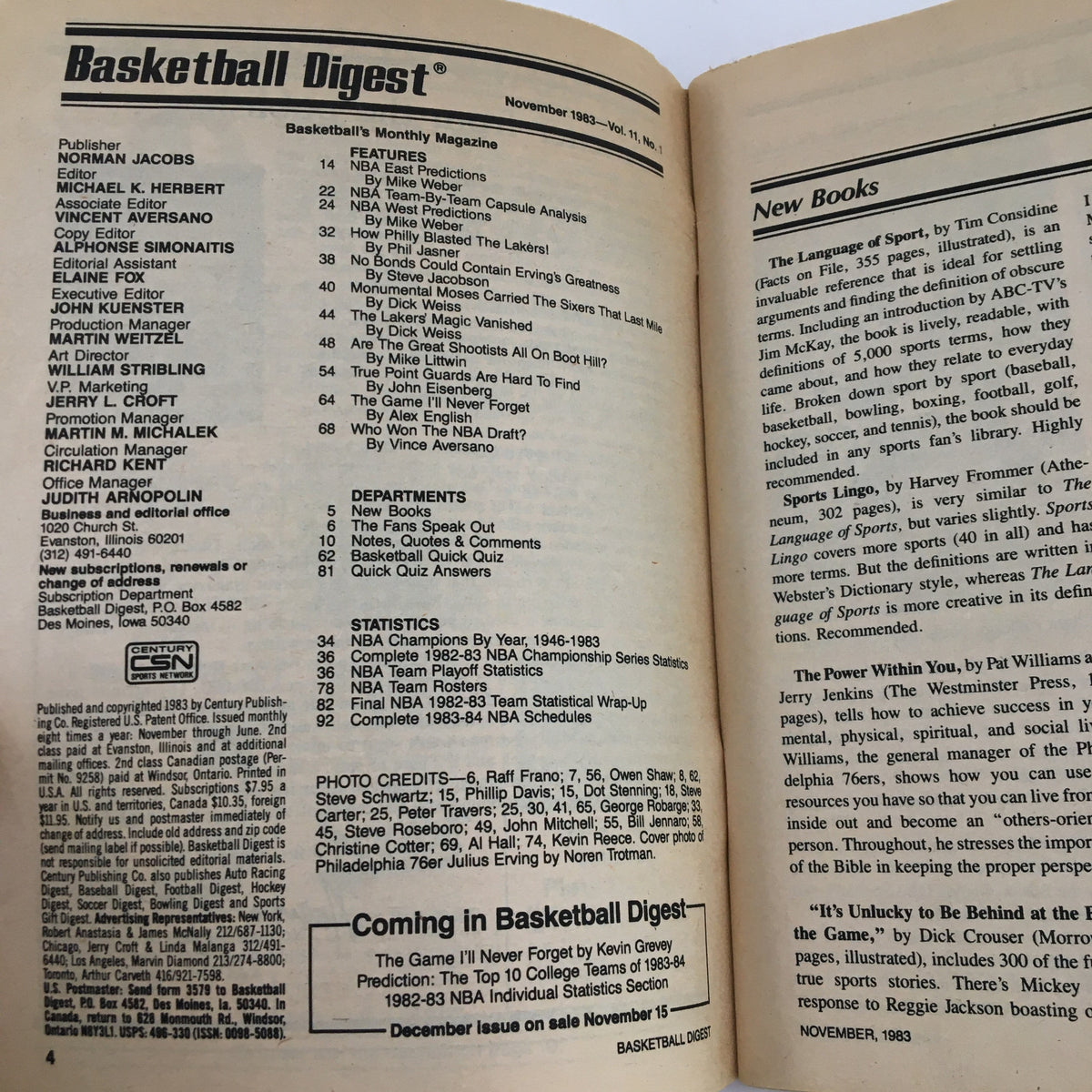 Interior page of Basketball Digest Magazine, November 1983, displaying the content list and articles focused on the NBA season and player statistics.